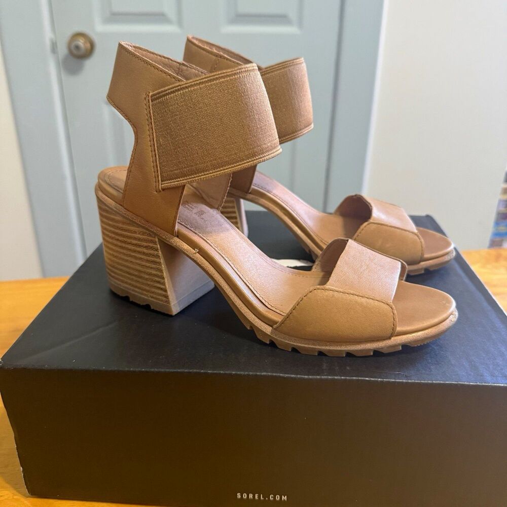 SOREL Women's Strappy Sandal Brown Leather Ankle Strap Slip-On US 8